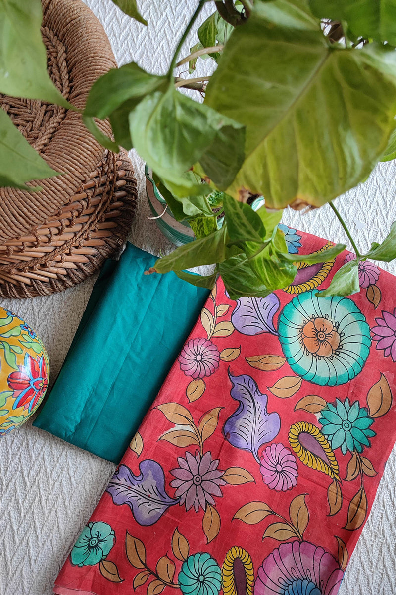 Srikalahasti Kalamkari Red Kurta with Teal Pants Set