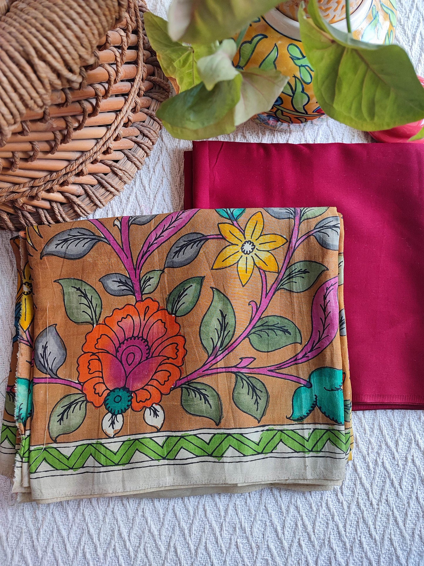 Srikalahasti Kalamkari Marmalade Kurta with Red Pants Set
