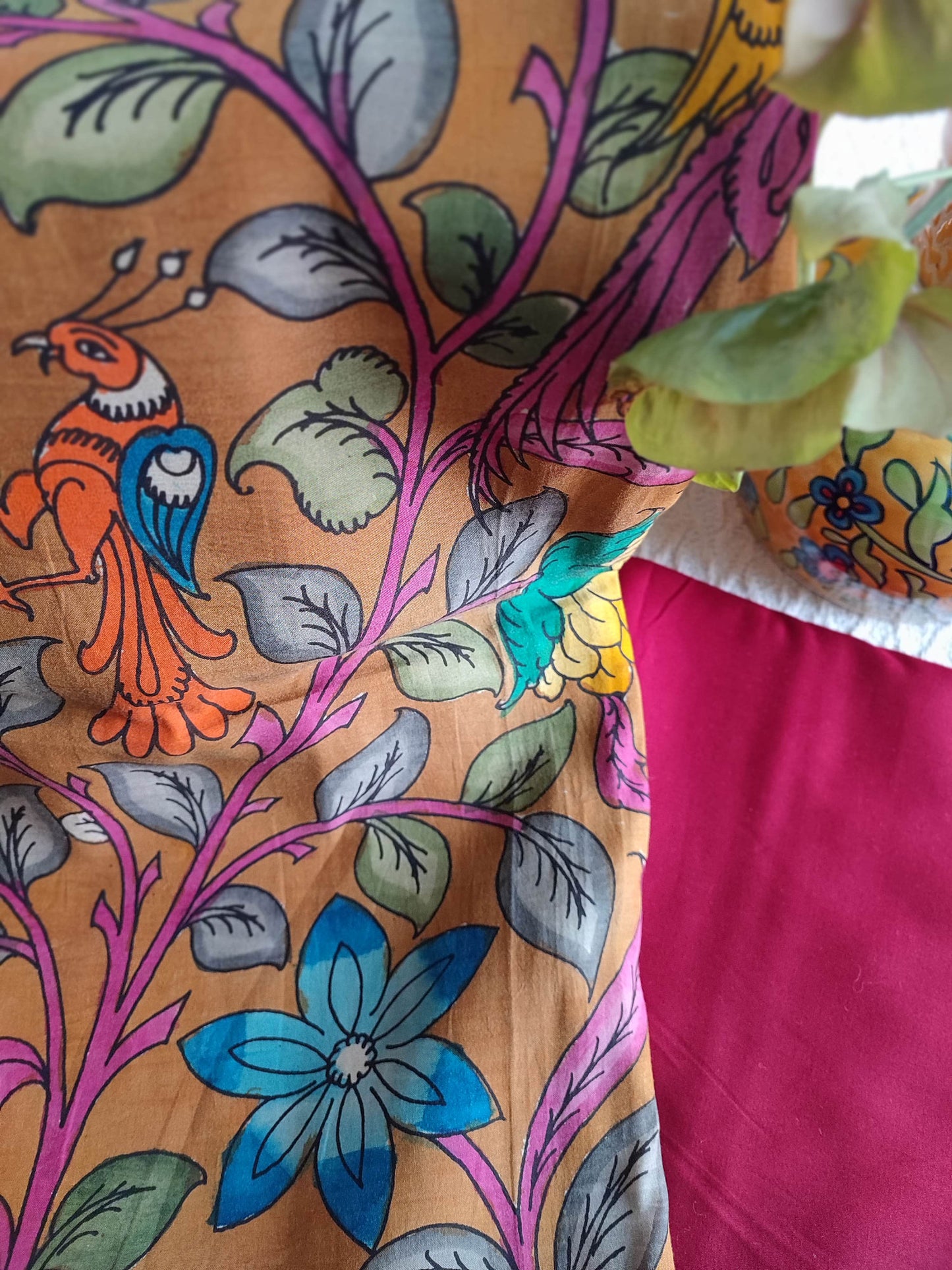 Srikalahasti Kalamkari Marmalade Kurta with Red Pants Set