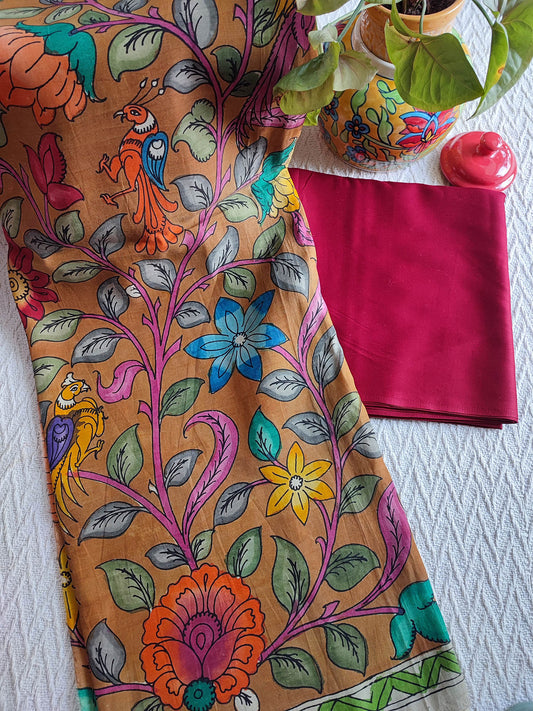 Srikalahasti Kalamkari Marmalade Kurta with Red Pants Set