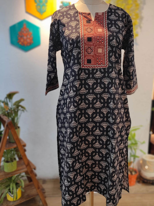 Black & Red Ajrakh Handblock Print Pure Cotton Kurta