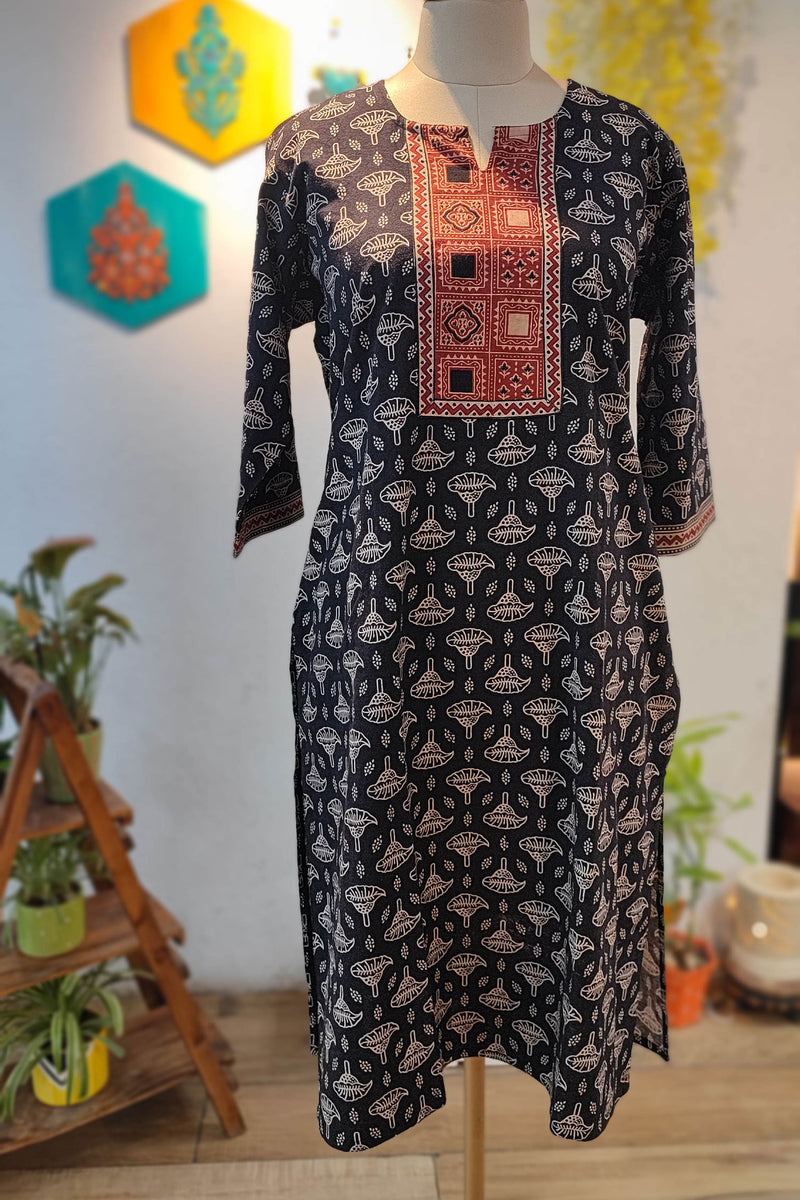 Black & Red Ajrakh Handblock Print Pure Cotton Kurta