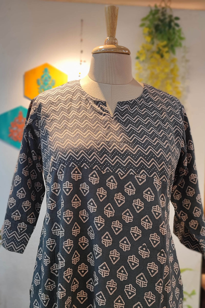 Black & Brick Red Ajrakh Handblock Print Pure Cotton Kurta