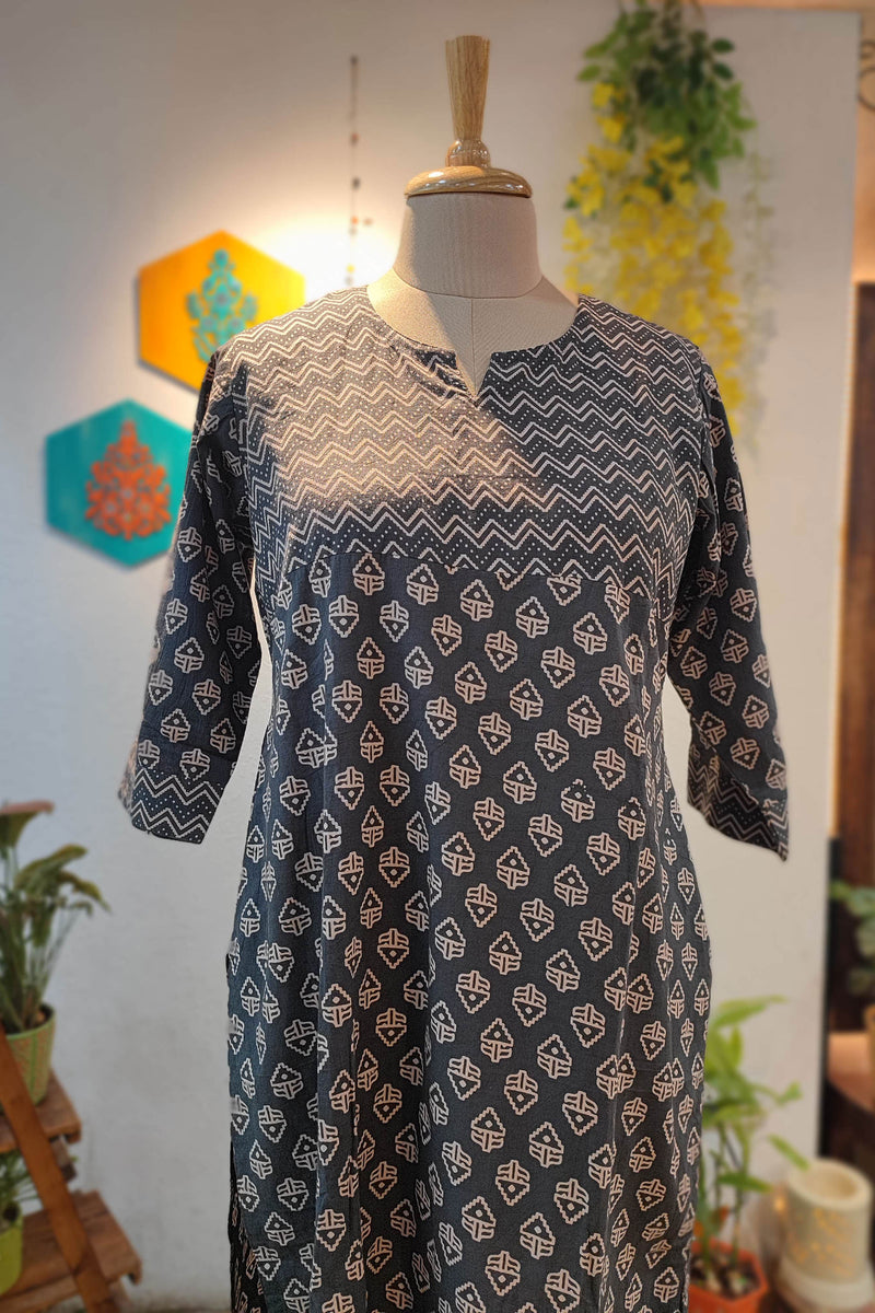 Black & Brick Red Ajrakh Handblock Print Pure Cotton Kurta