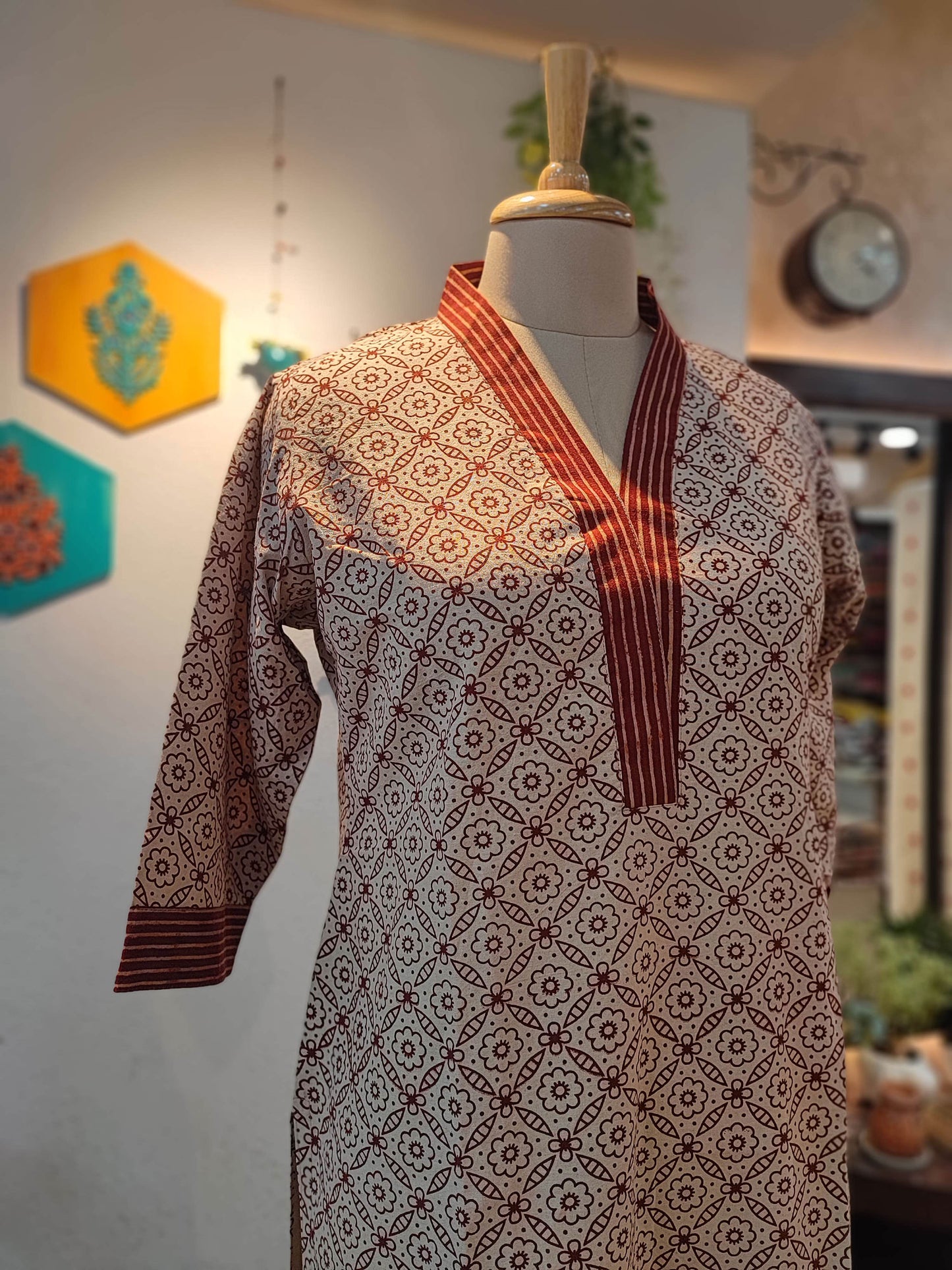 White & Brick Red Ajrakh Handblock Print Pure Cotton Kurta
