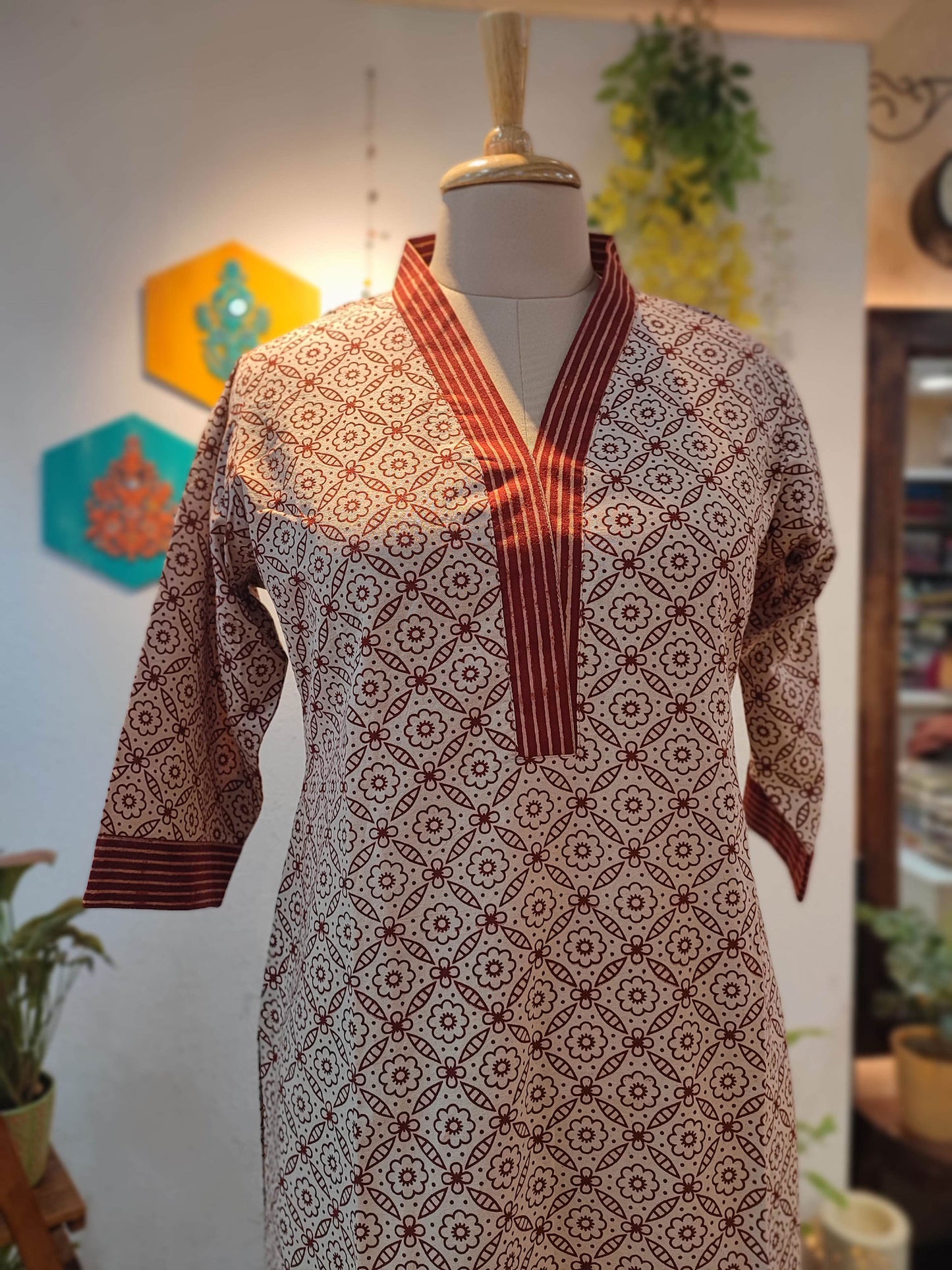 White & Brick Red Ajrakh Handblock Print Pure Cotton Kurta