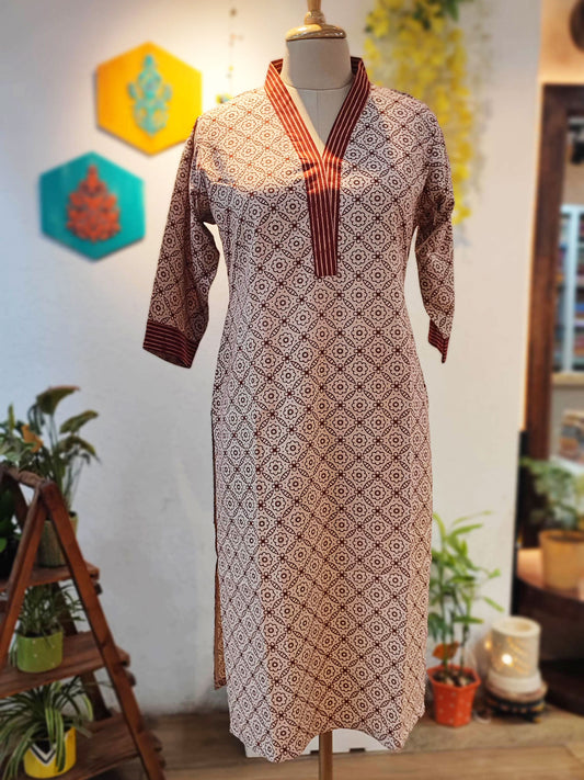 White & Brick Red Ajrakh Handblock Print Pure Cotton Kurta