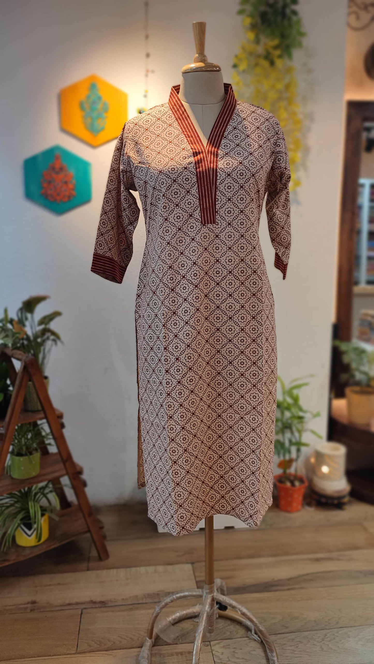 White & Brick Red Ajrakh Handblock Print Pure Cotton Kurta