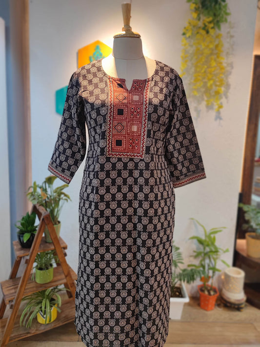 Black & Brick Red Ajrakh Handblock Print Pure Cotton Kurta
