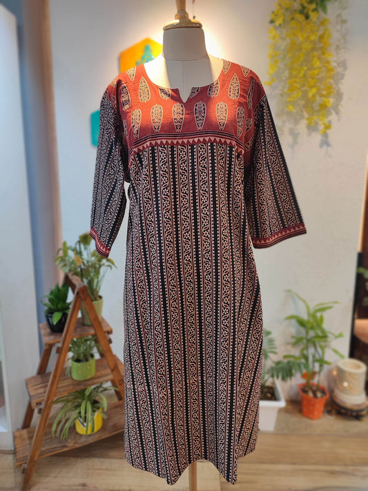 Black & Brick Red Ajrakh Handblock Print Pure Cotton Kurta