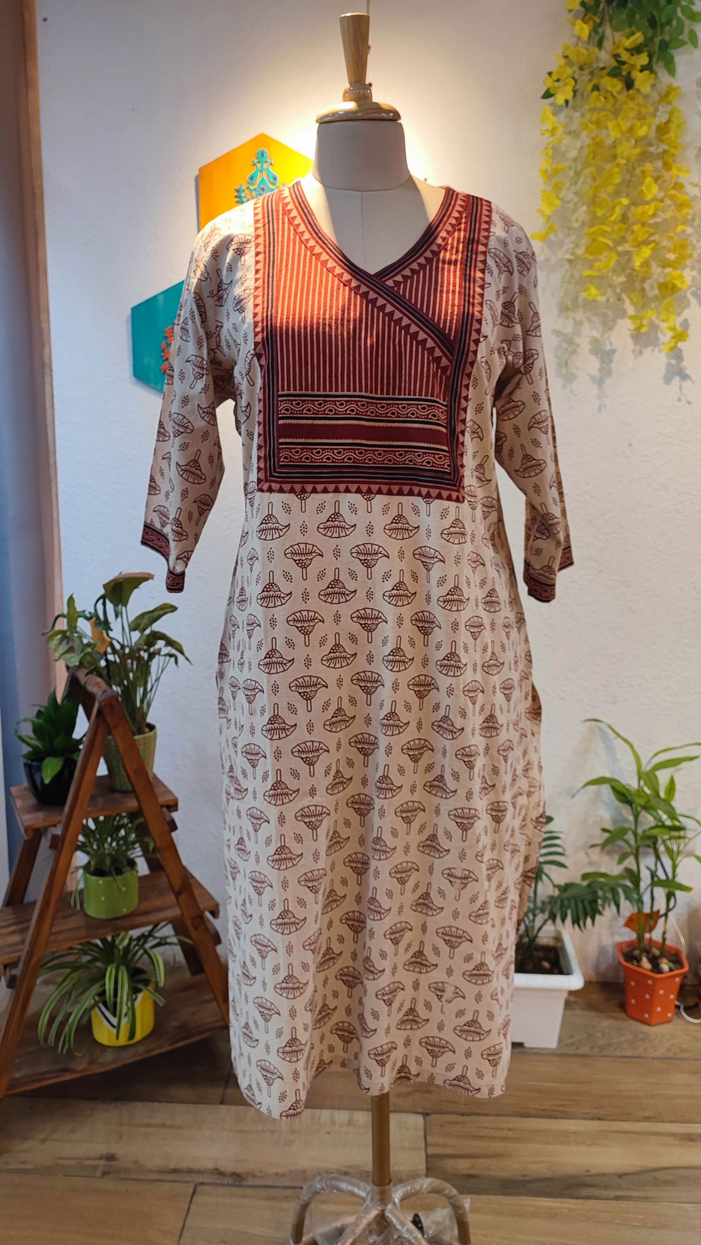 Brick Red & White Ajrakh Handblock Print Pure Cotton Kurta