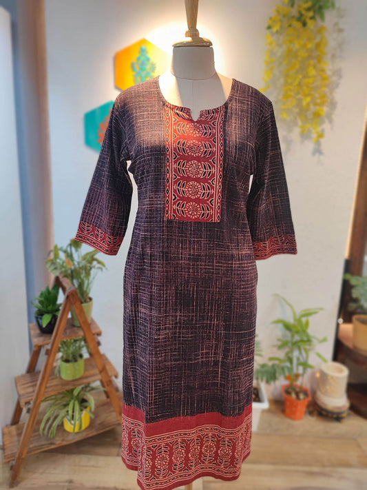 Grape & Red Ajrakh Handblock Print Pure Cotton Kurta