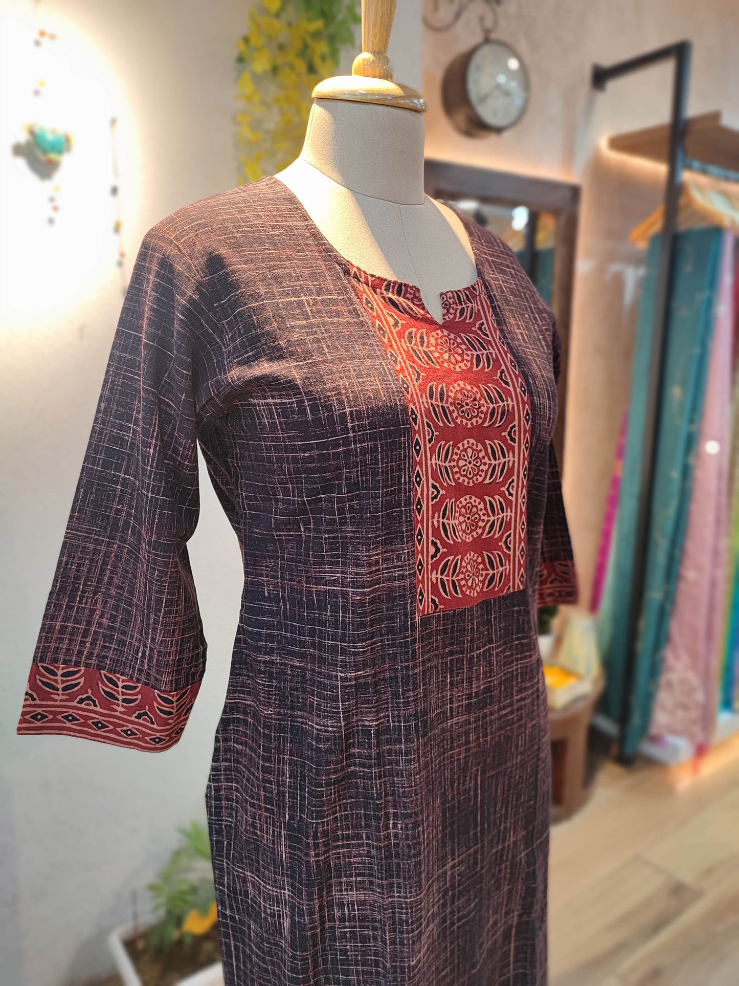 Grape & Red Ajrakh Handblock Print Pure Cotton Kurta