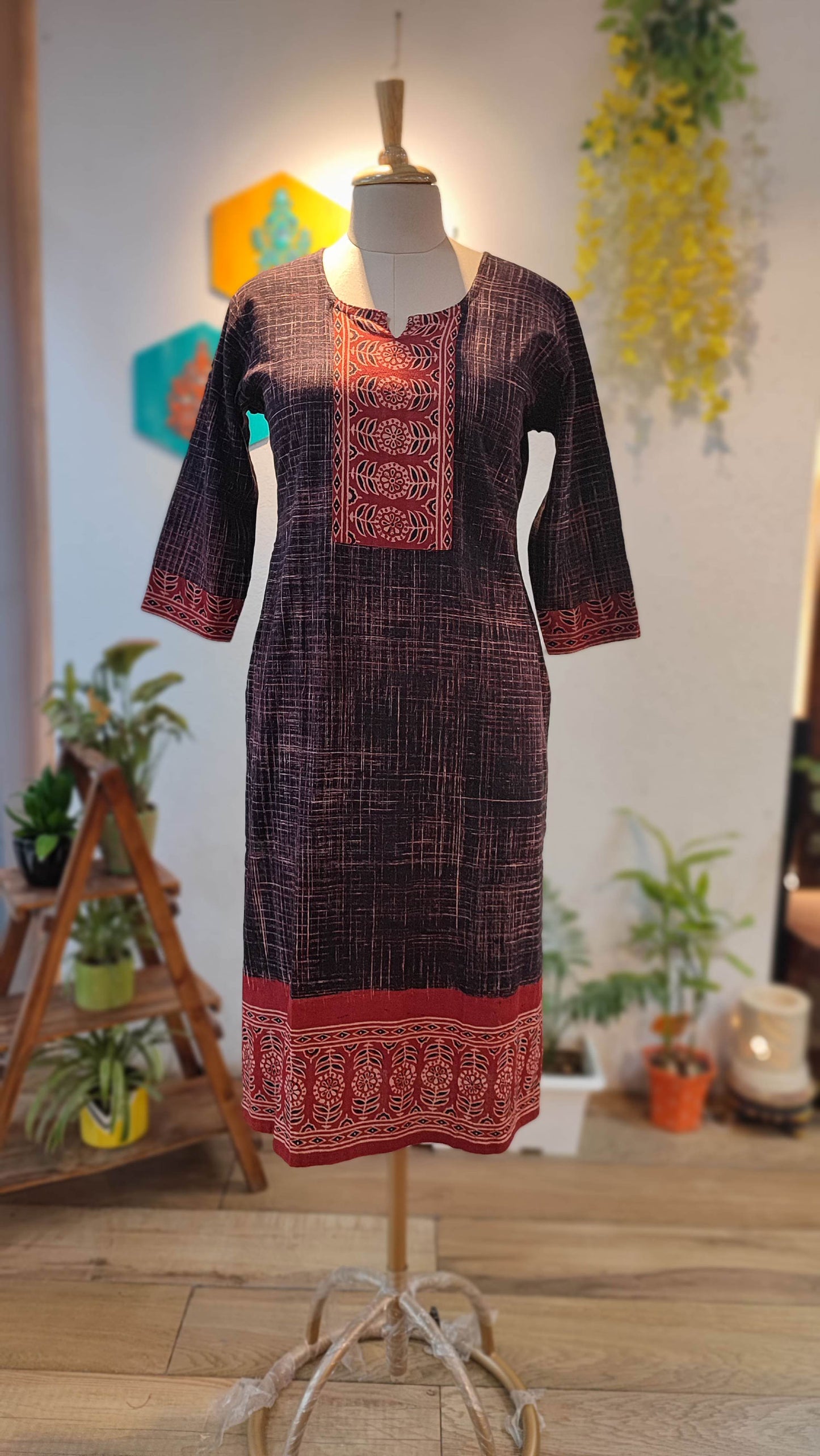 Grape & Red Ajrakh Handblock Print Pure Cotton Kurta