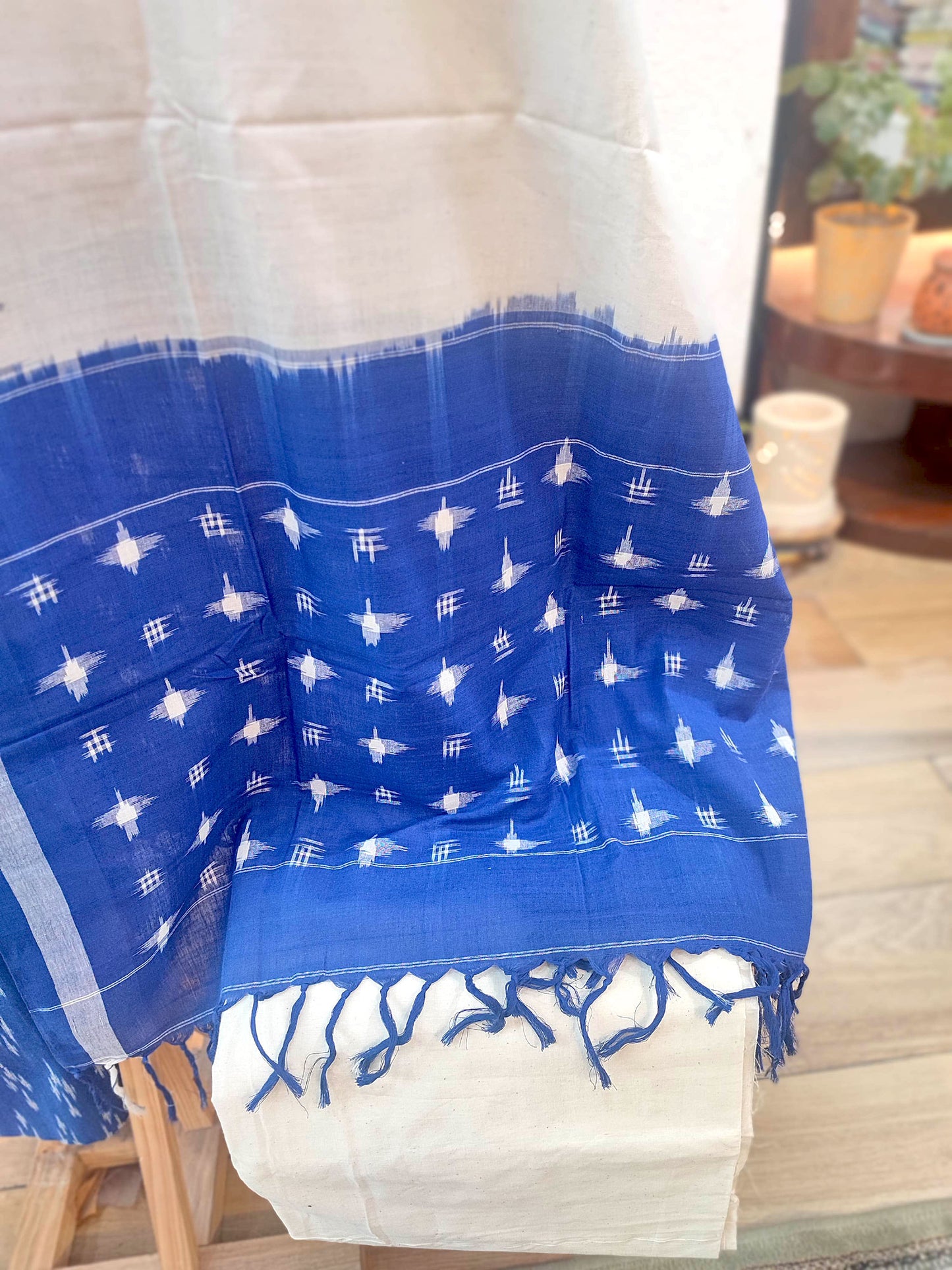 Cobalt Blue & White Cotton Handloom Ikkat Suit Set