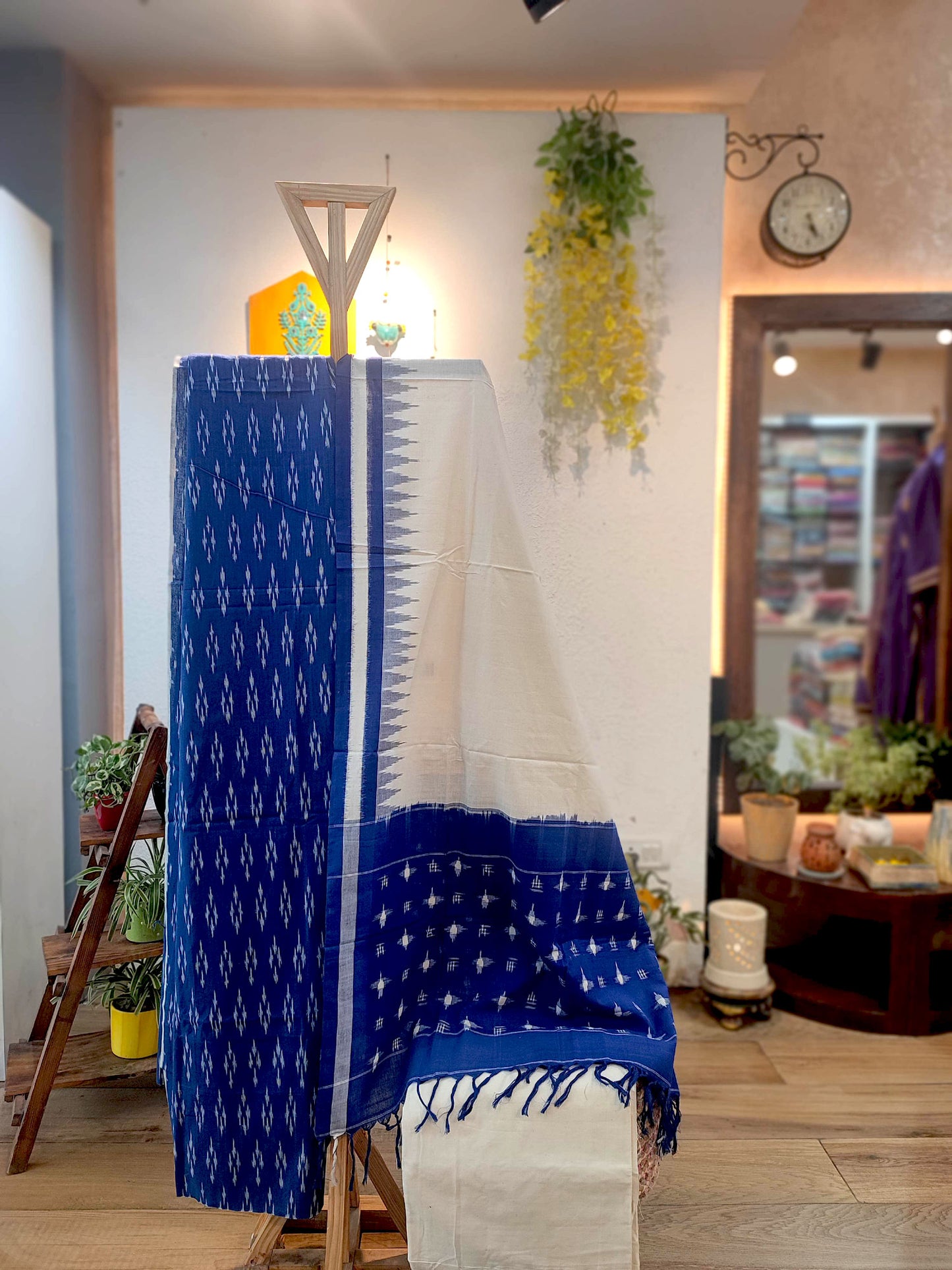Cobalt Blue & White Cotton Handloom Ikkat Suit Set
