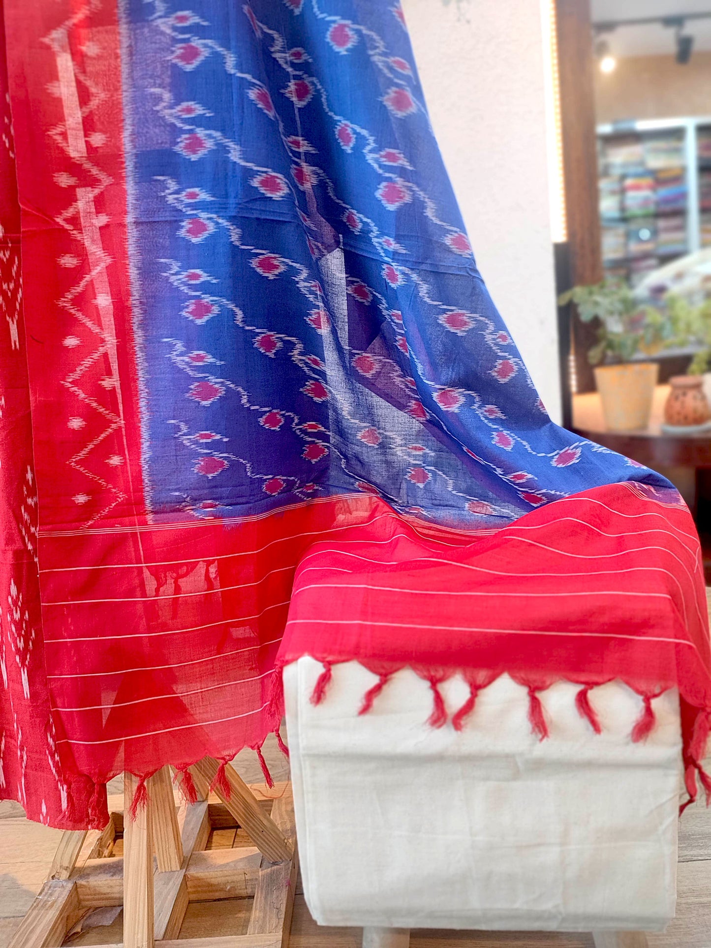 Royal Blue & Coral Red Pure Cotton Handloom Ikkat Suit Set