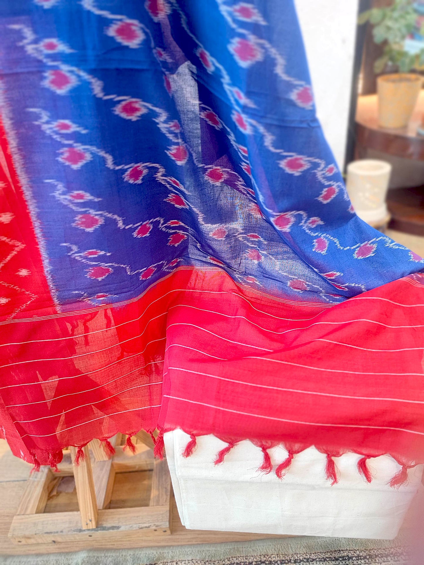 Royal Blue & Coral Red Pure Cotton Handloom Ikkat Suit Set