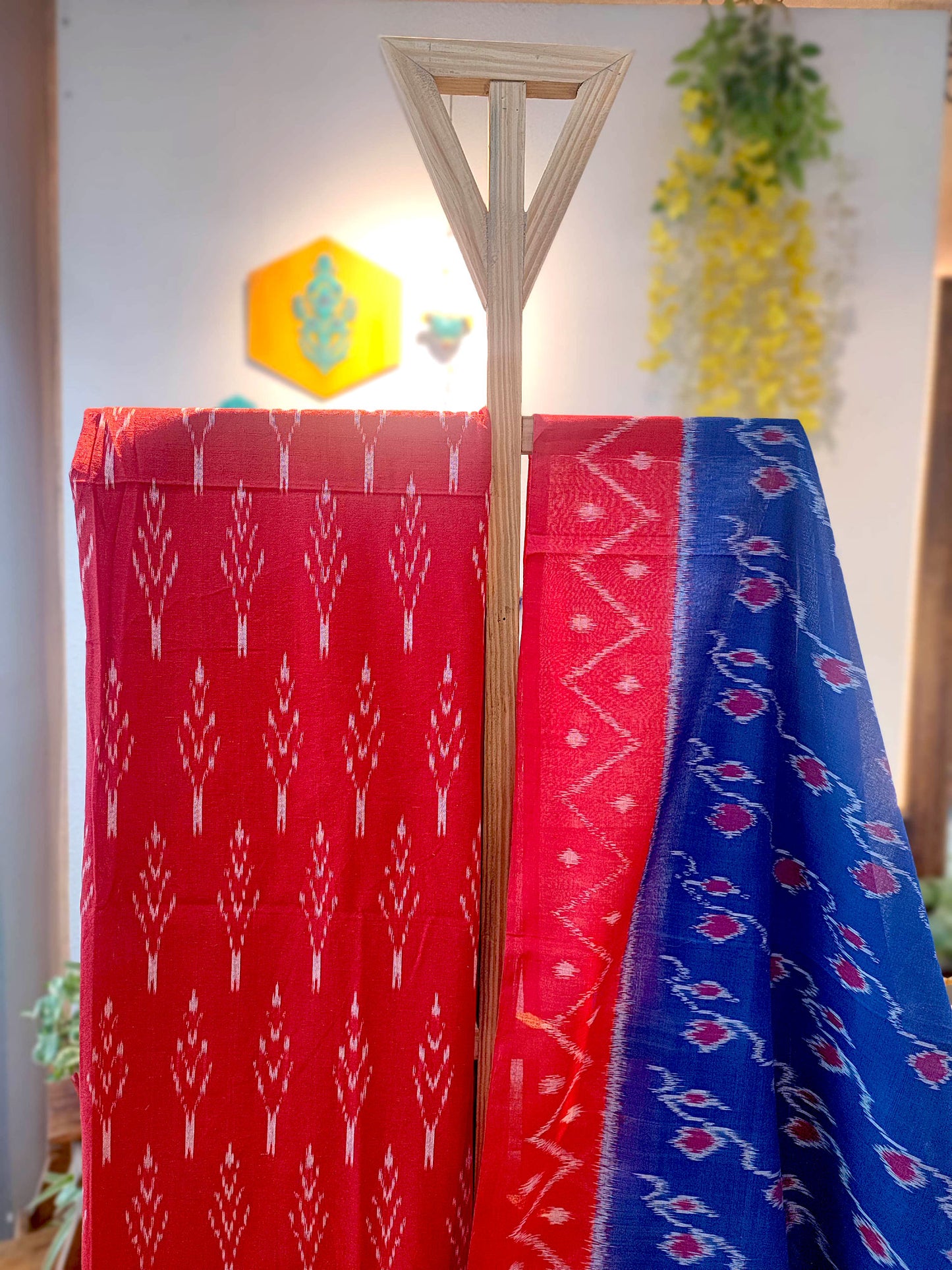 Royal Blue & Coral Red Pure Cotton Handloom Ikkat Suit Set