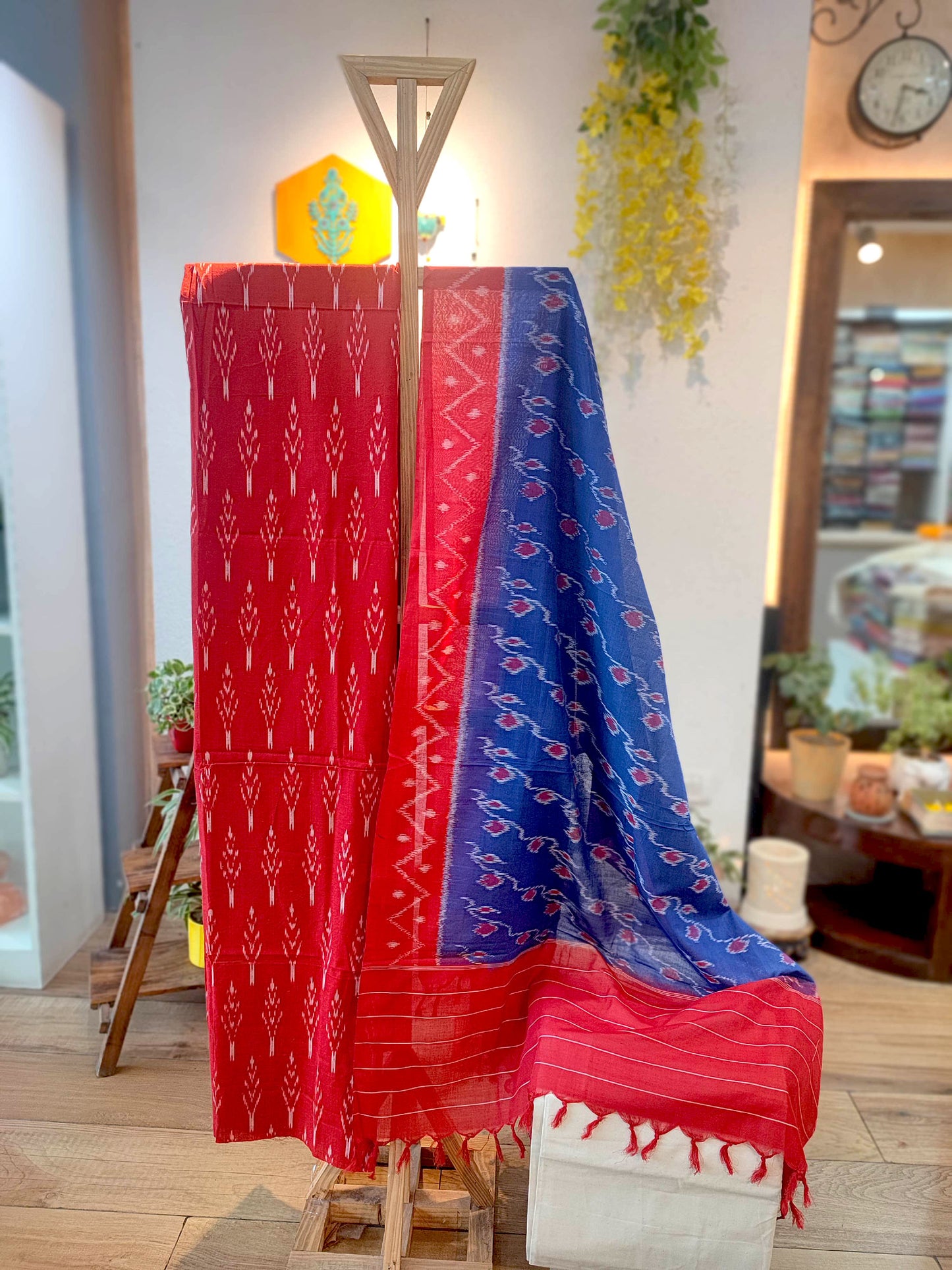 Royal Blue & Coral Red Pure Cotton Handloom Ikkat Suit Set