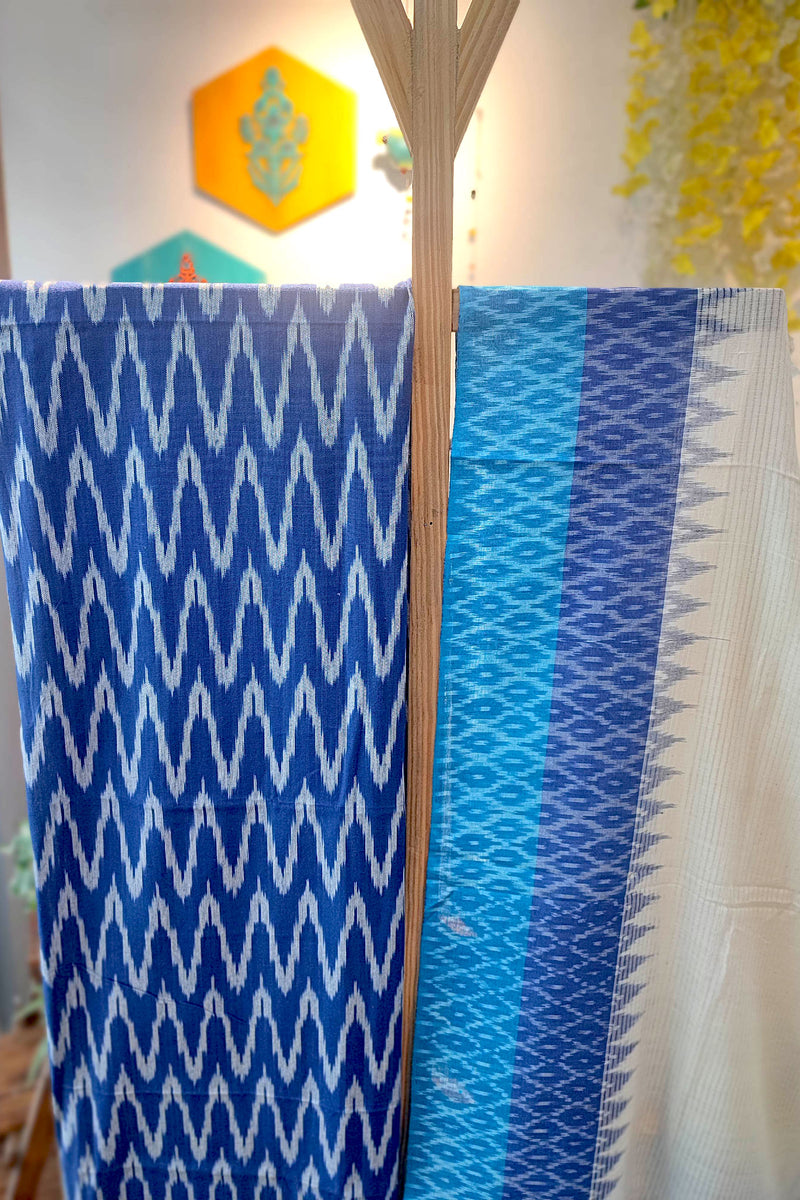 Azure & Sky Blue Pure Cotton Handloom Ikkat Suit Set