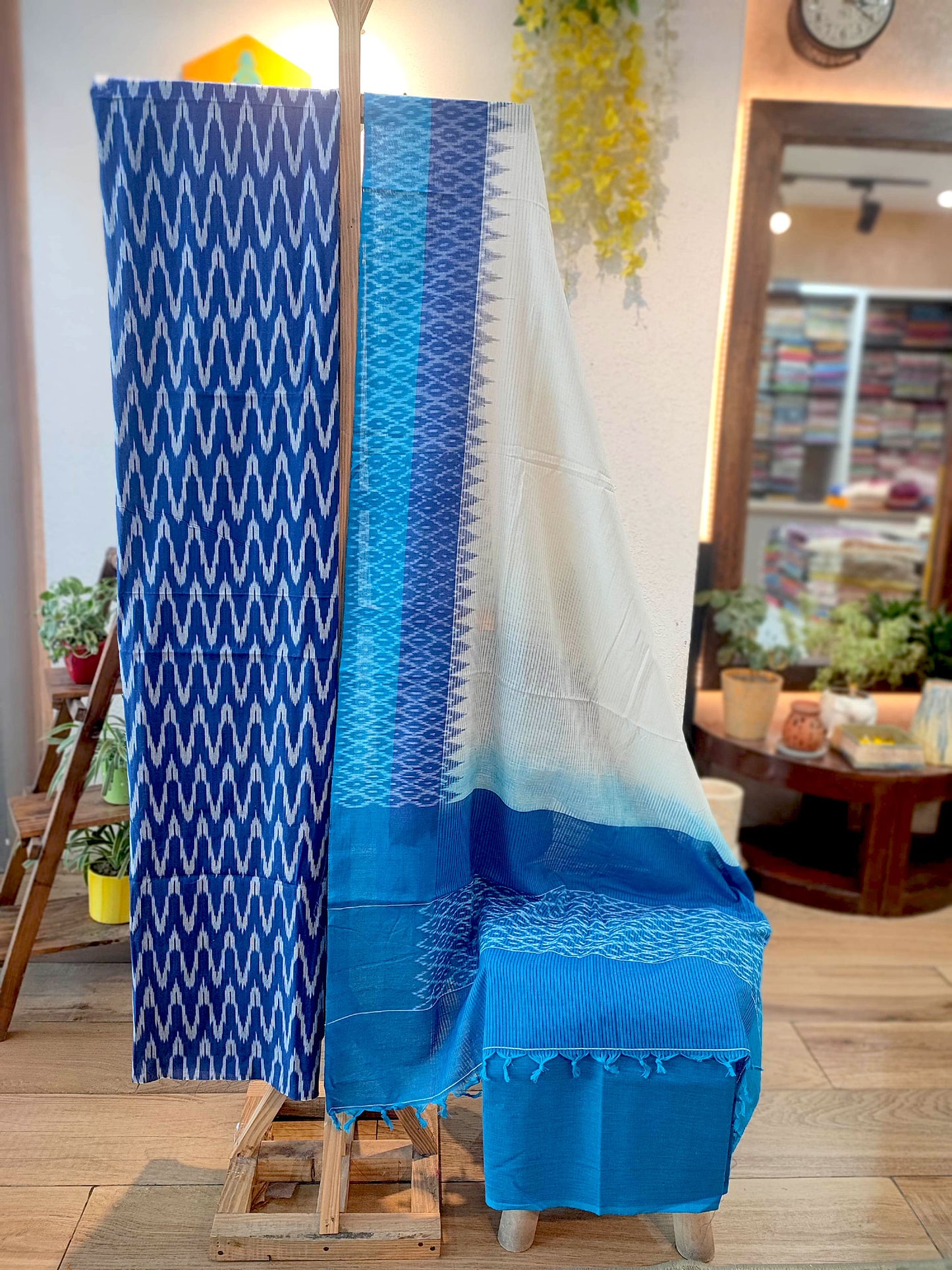 Azure & Sky Blue Pure Cotton Handloom Ikkat Suit Set