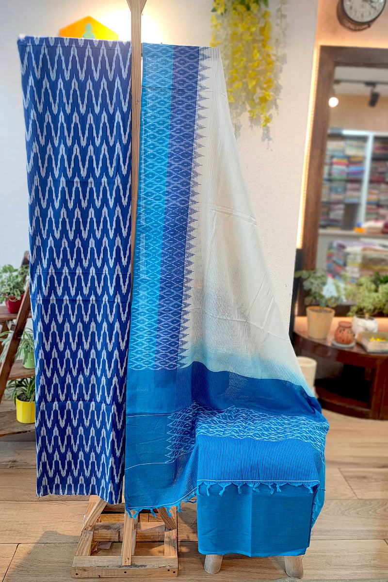 Azure & Sky Blue Pure Cotton Handloom Ikkat Suit Set