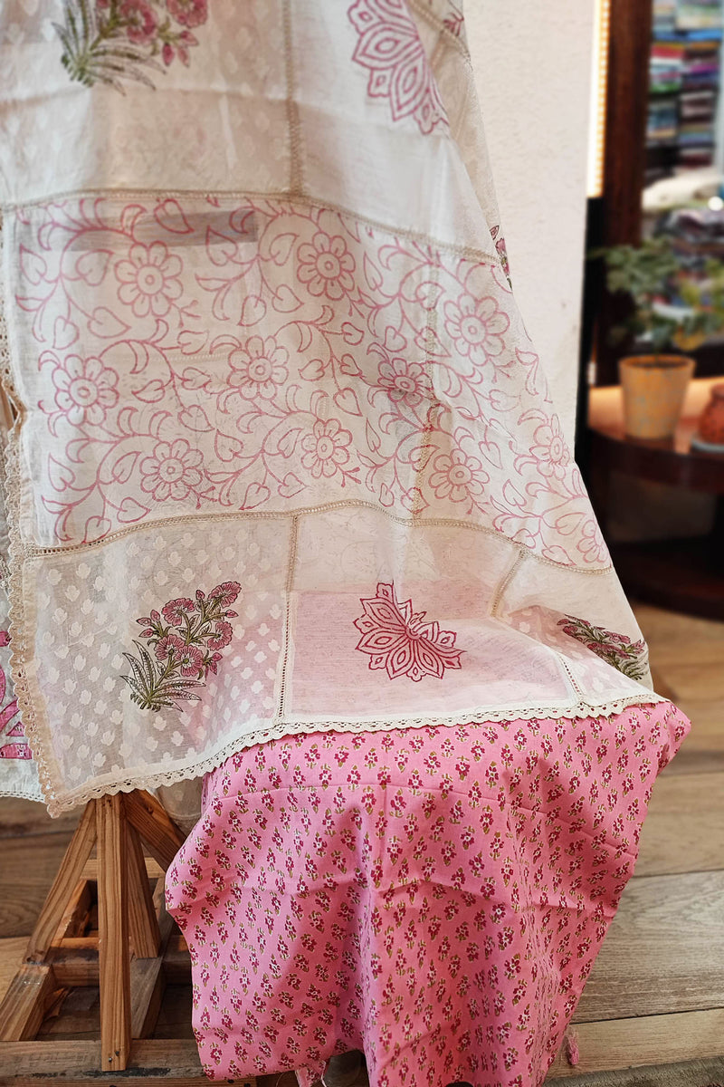 Off-White and Pink Self-Weaving Block Print Kurta with Cotton Dupatta and Bottom