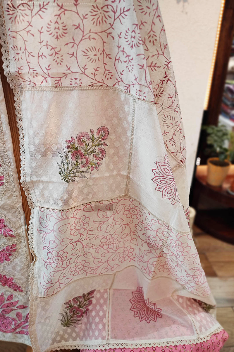 Off-White and Pink Self-Weaving Block Print Kurta with Cotton Dupatta and Bottom