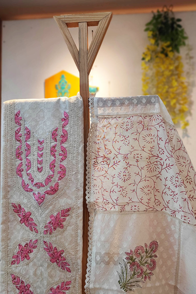 Off-White and Pink Self-Weaving Block Print Kurta with Cotton Dupatta and Bottom