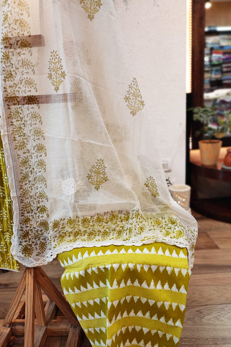 Mint Green and Off-White Pure Cotton Suit and Dupatta  and Plain Bottom