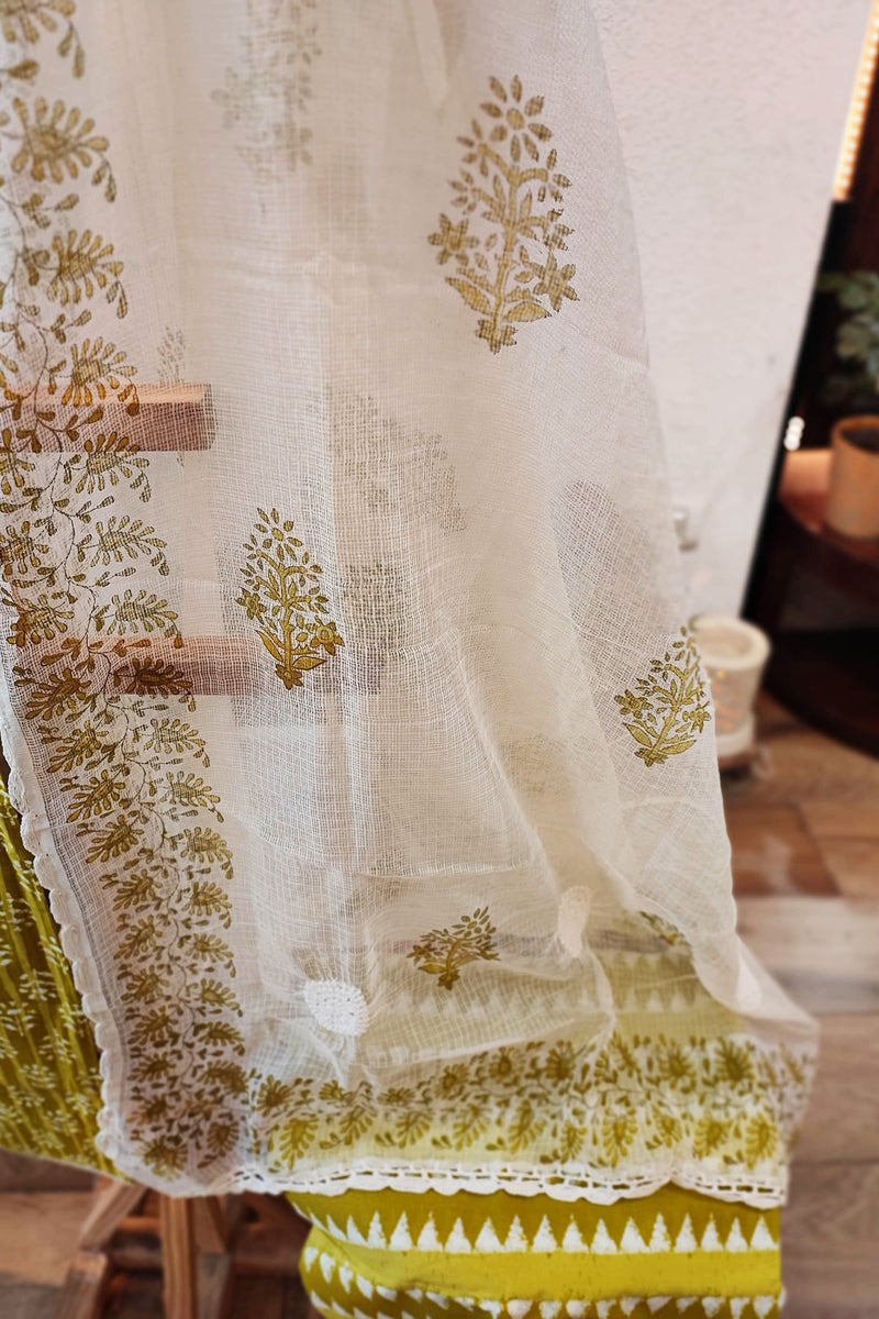 Mint Green and Off-White Pure Cotton Suit and Dupatta  and Plain Bottom