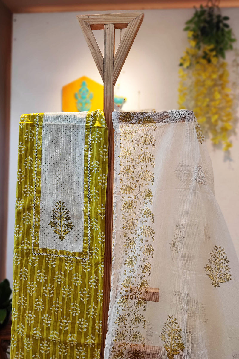 Mint Green and Off-White Pure Cotton Suit and Dupatta  and Plain Bottom