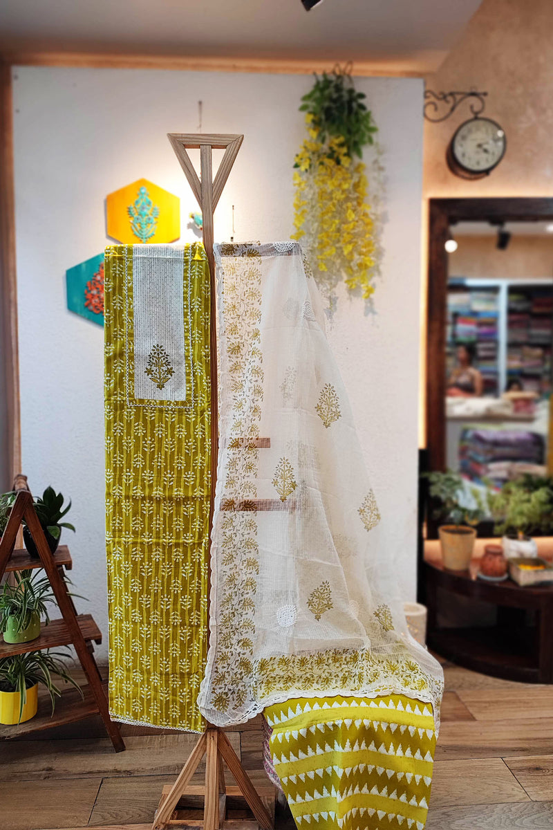 Mint Green and Off-White Pure Cotton Suit and Dupatta  and Plain Bottom