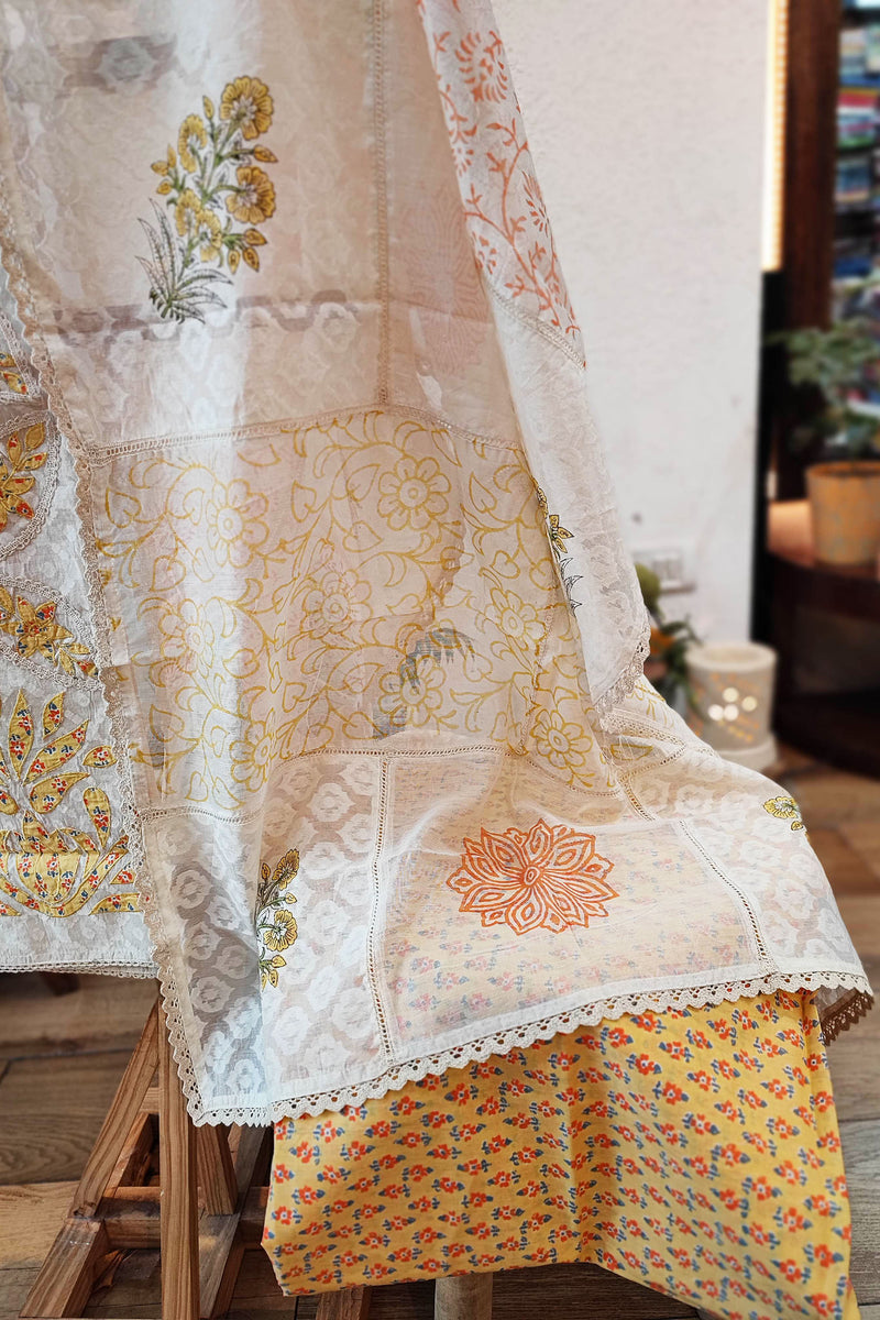 Self-Weaving Block Print Kurta with Cotton Dupatta with cotton pants