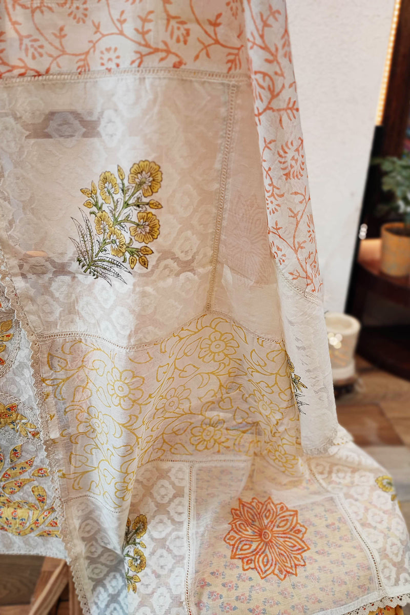 Self-Weaving Block Print Kurta with Cotton Dupatta with cotton pants