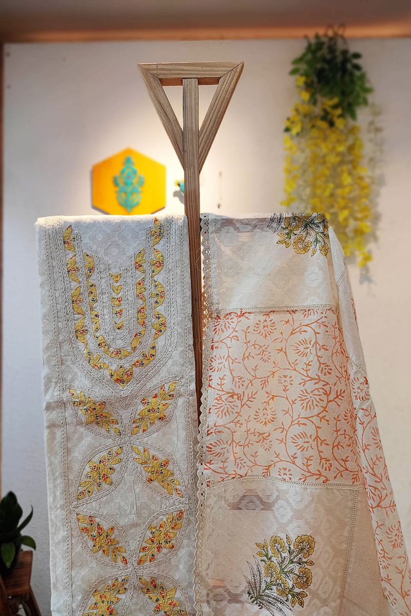 Self-Weaving Block Print Kurta with Cotton Dupatta with cotton pants