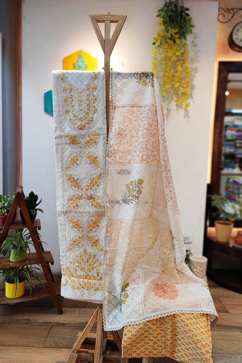 Self-Weaving Block Print Kurta with Cotton Dupatta with cotton pants