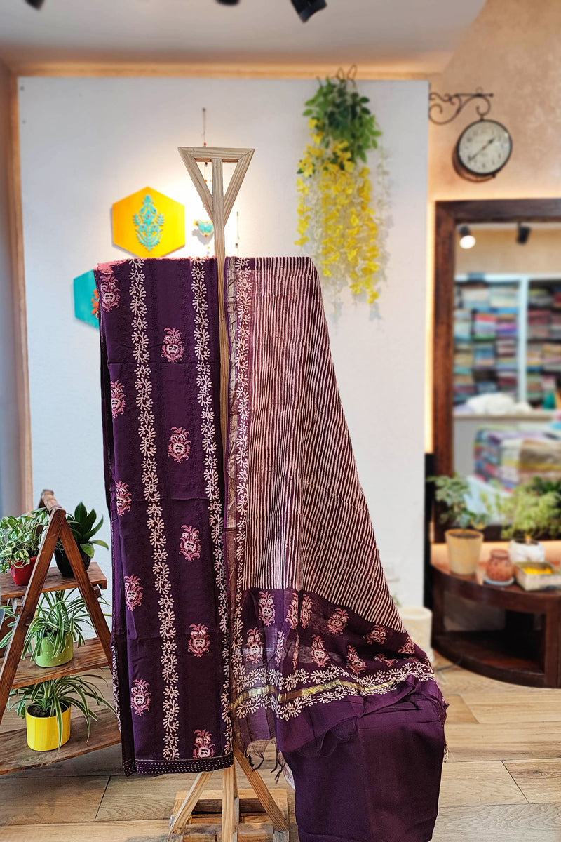 Deep Purple Chanderi Suit Set for Women Premium Handblock Print