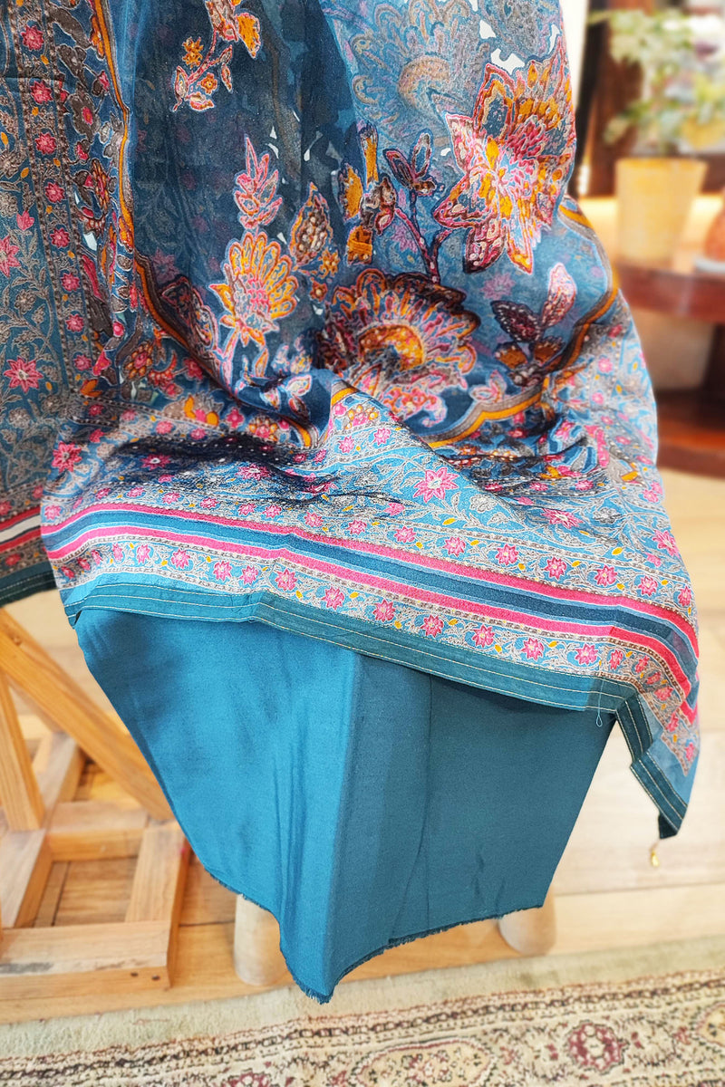 Dark Blue Soft Chanderi Silk Kurta with Self-Weaving, Fancy Satin Organza Dupatta with Multicolored Floral Patterns, and Cotton Bottom