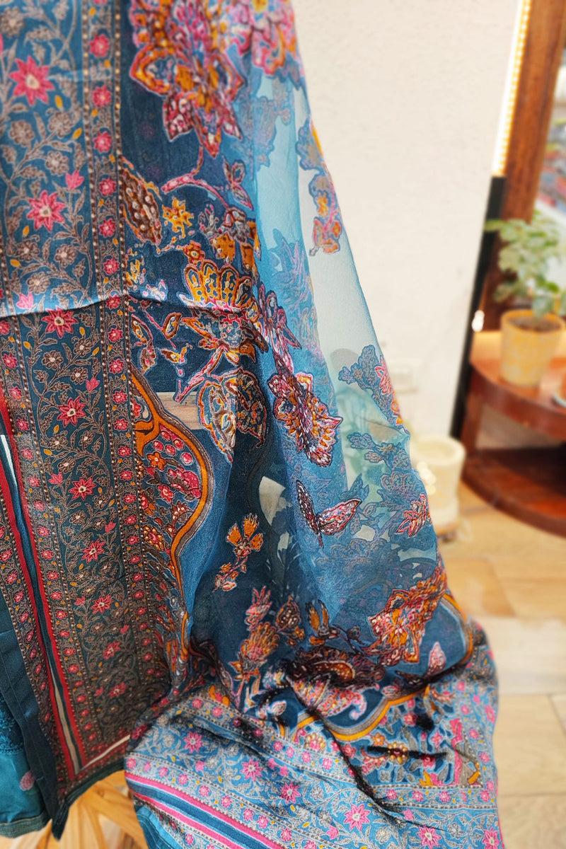 Dark Blue Soft Chanderi Silk Kurta with Self-Weaving, Fancy Satin Organza Dupatta with Multicolored Floral Patterns, and Cotton Bottom