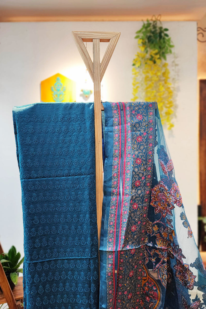 Dark Blue Soft Chanderi Silk Kurta with Self-Weaving, Fancy Satin Organza Dupatta with Multicolored Floral Patterns, and Cotton Bottom
