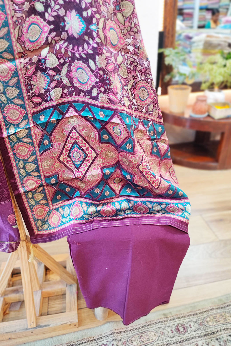 Deep Purple Soft Chanderi Silk Kurta with  Fancy Satin Organza Dupatta  and Cotton Bottom