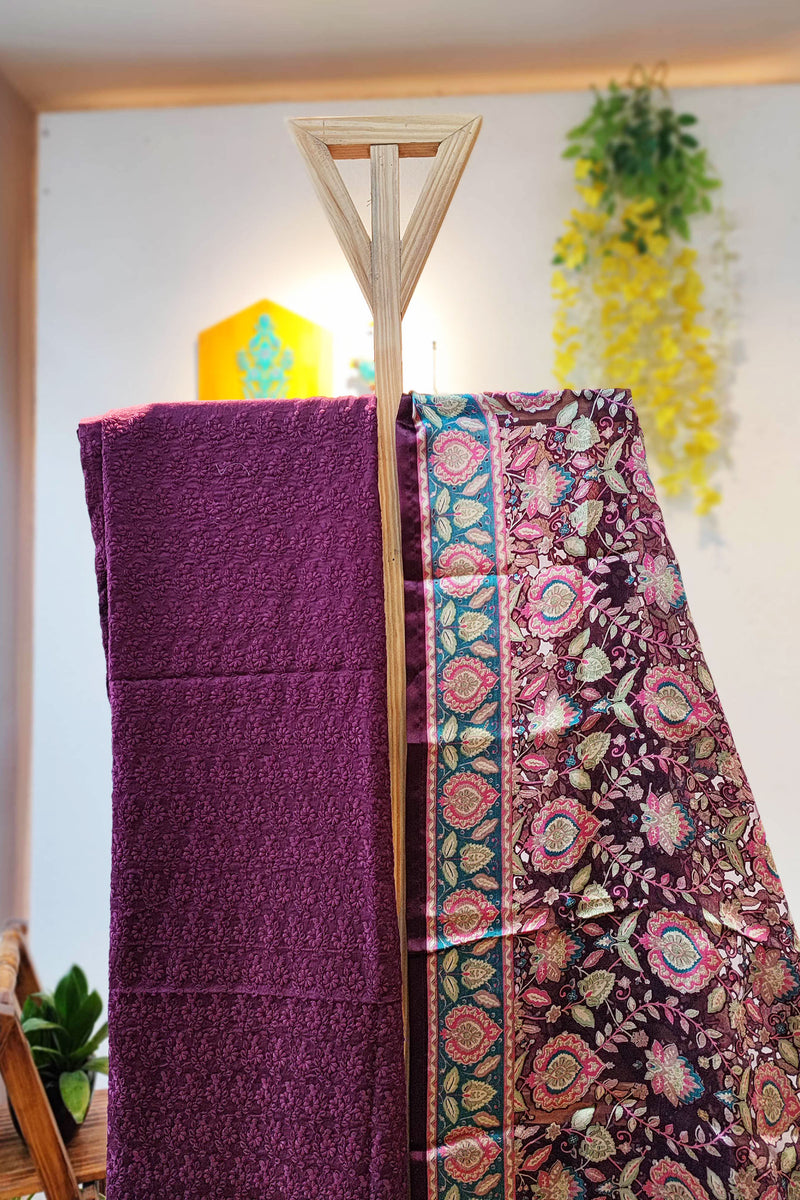 Deep Purple Soft Chanderi Silk Kurta with  Fancy Satin Organza Dupatta  and Cotton Bottom