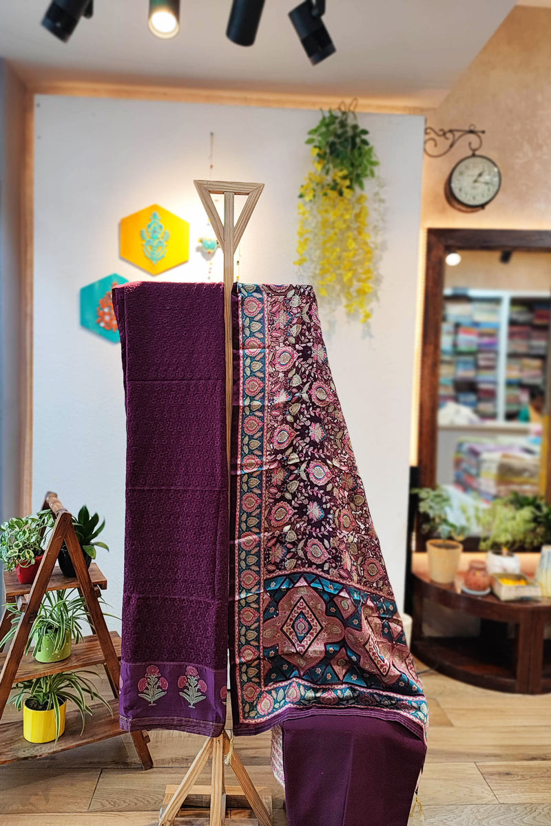 Deep Purple Soft Chanderi Silk Kurta with  Fancy Satin Organza Dupatta  and Cotton Bottom