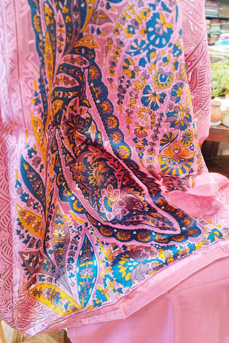 Pink Soft Chanderi Silk Kurta with  , Fancy Satin Organza Dupatta , and Cotton Bottom