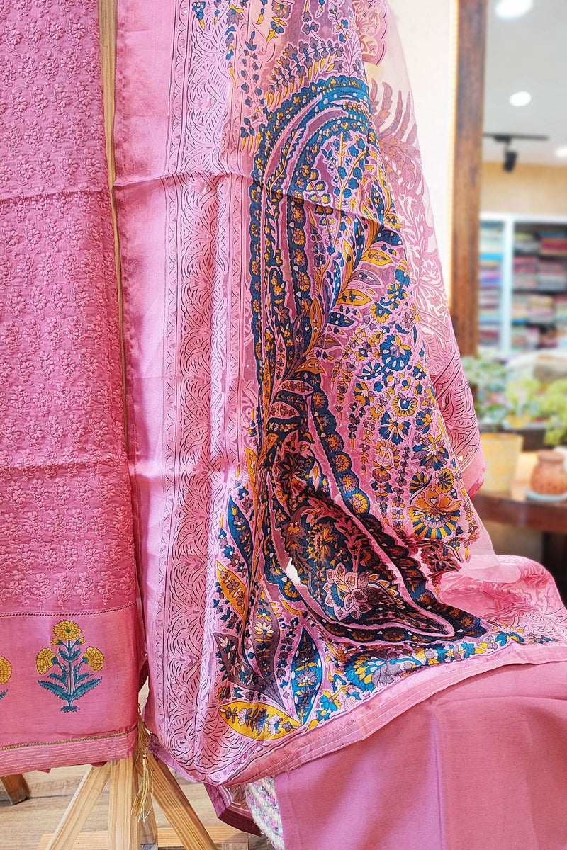 Pink Soft Chanderi Silk Kurta with  , Fancy Satin Organza Dupatta , and Cotton Bottom