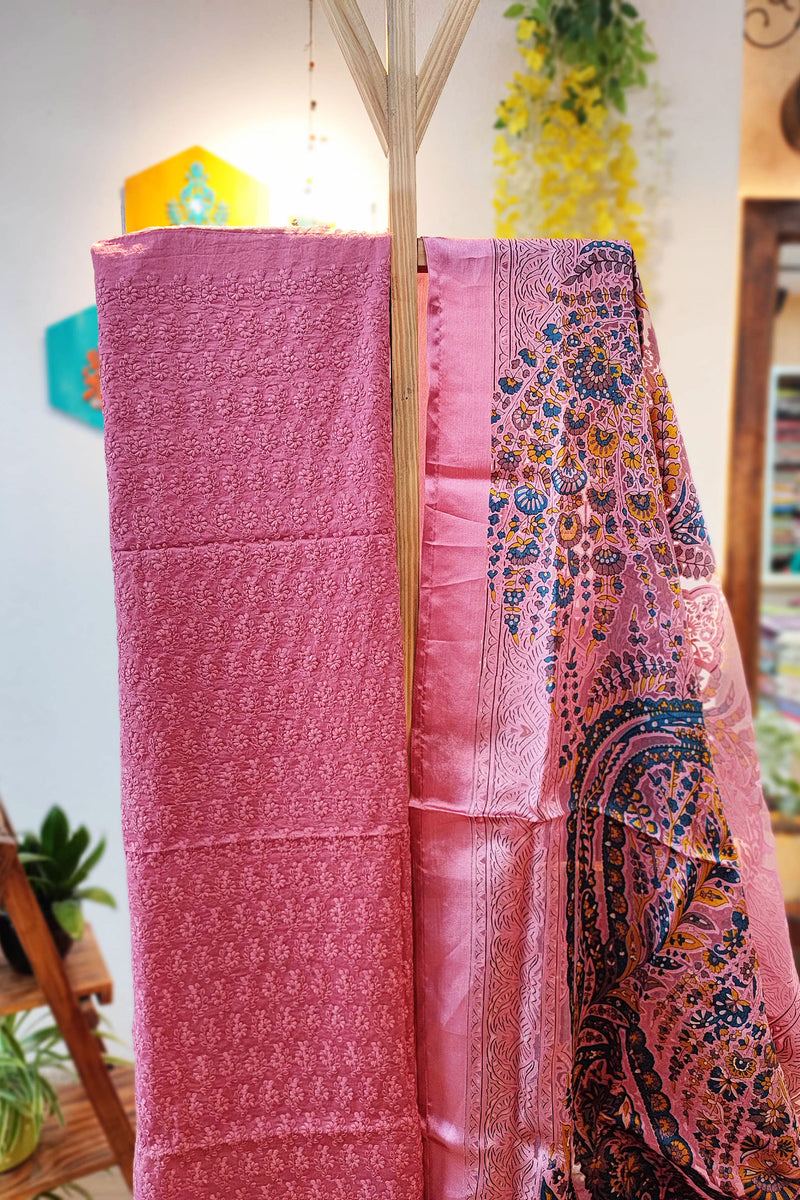 Pink Soft Chanderi Silk Kurta with  , Fancy Satin Organza Dupatta , and Cotton Bottom