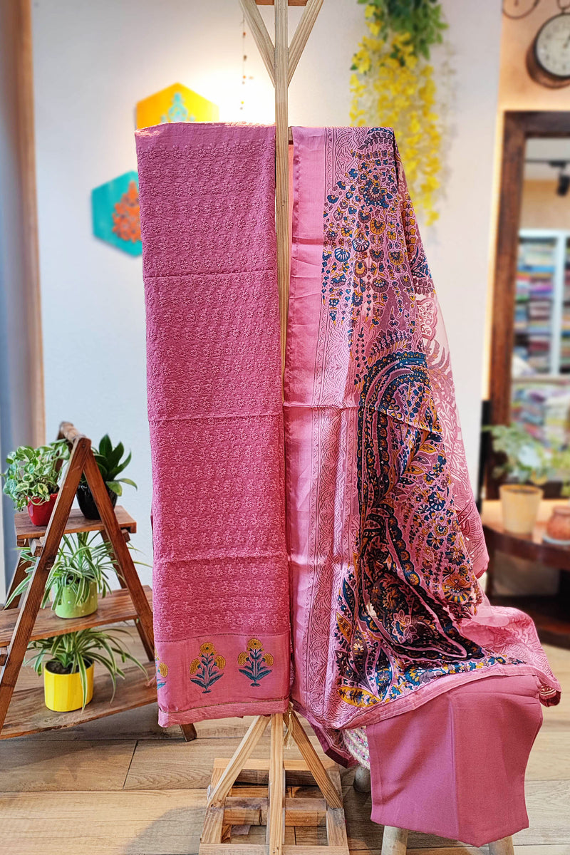 Pink Soft Chanderi Silk Kurta with  , Fancy Satin Organza Dupatta , and Cotton Bottom
