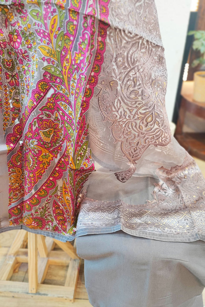 Grey Soft Chanderi Silk Kurta with Self-Weaving and  Fancy Satin Organza Dupatta with and Cotton pant